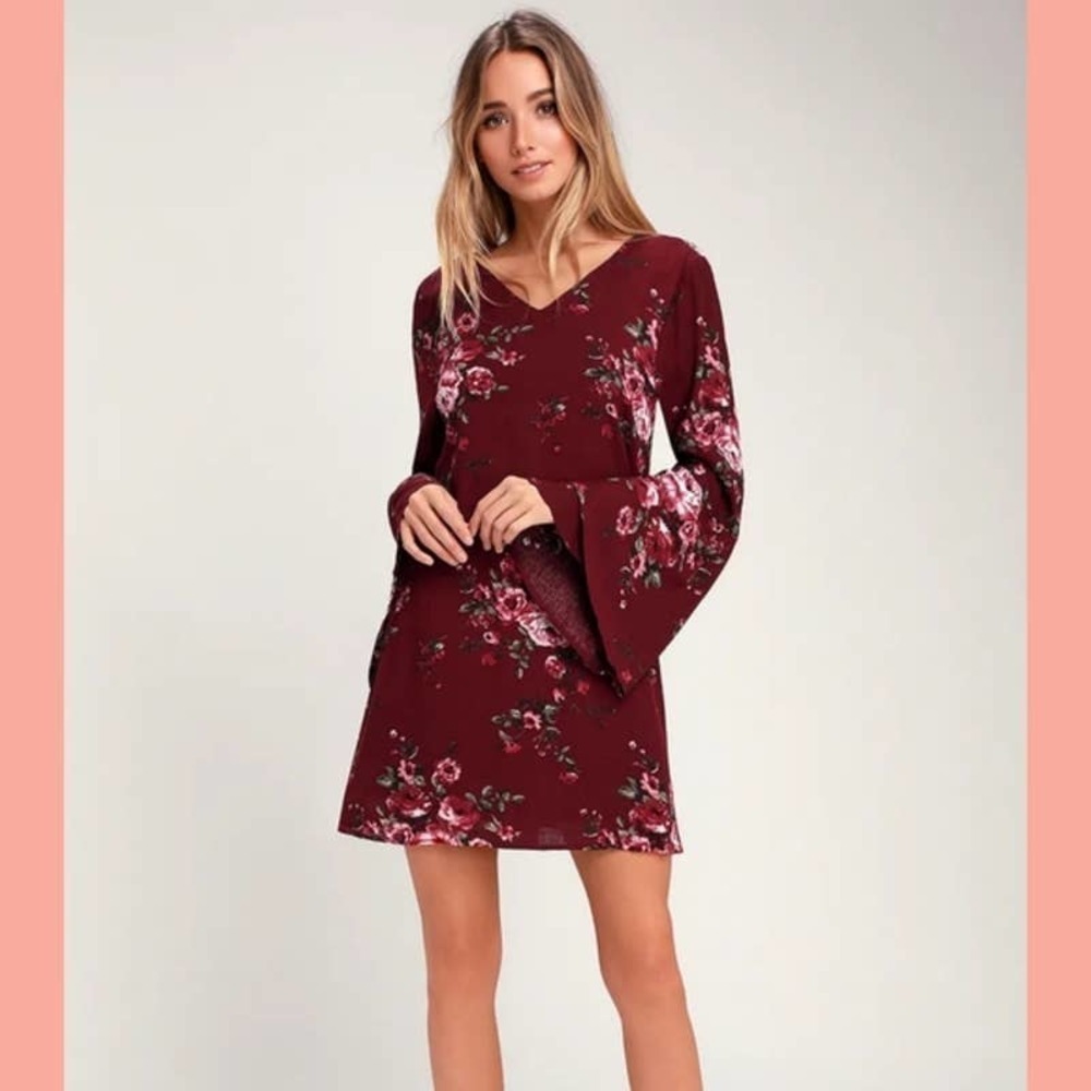 Lulus Swing Floral Mini Bell Split Sleeves Dress Sz M Boho Cottagecore Romantic